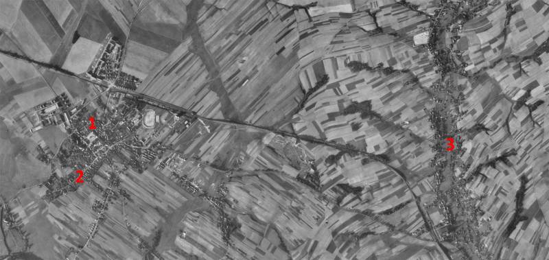 Hlučín, Dlouhá Ves, Ludgeřovice a Markvartovice na leteckém snímku z roku 1946